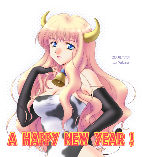 2009, blonde_hair, blue_eyes, breasts, cleavage, cow_girl, cowgirl, elbow_gloves, gloves, lea_sakura, macross, macross_frontier, new_year, sheryl_nome