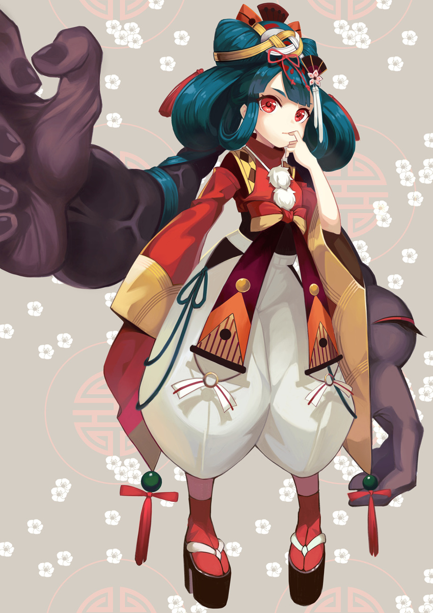 1girl, child, extra_arms, flower, full_body, fur_trim, futakuchi-onna, futakuchi-onna_(onmyoji), green_hair, grey_background, hair_flower, hair_ornament, highres, japanese_clothes, long_hair, onmyoji, red_eyes, sandals, simple_background, solo, twintails, xuan_chu