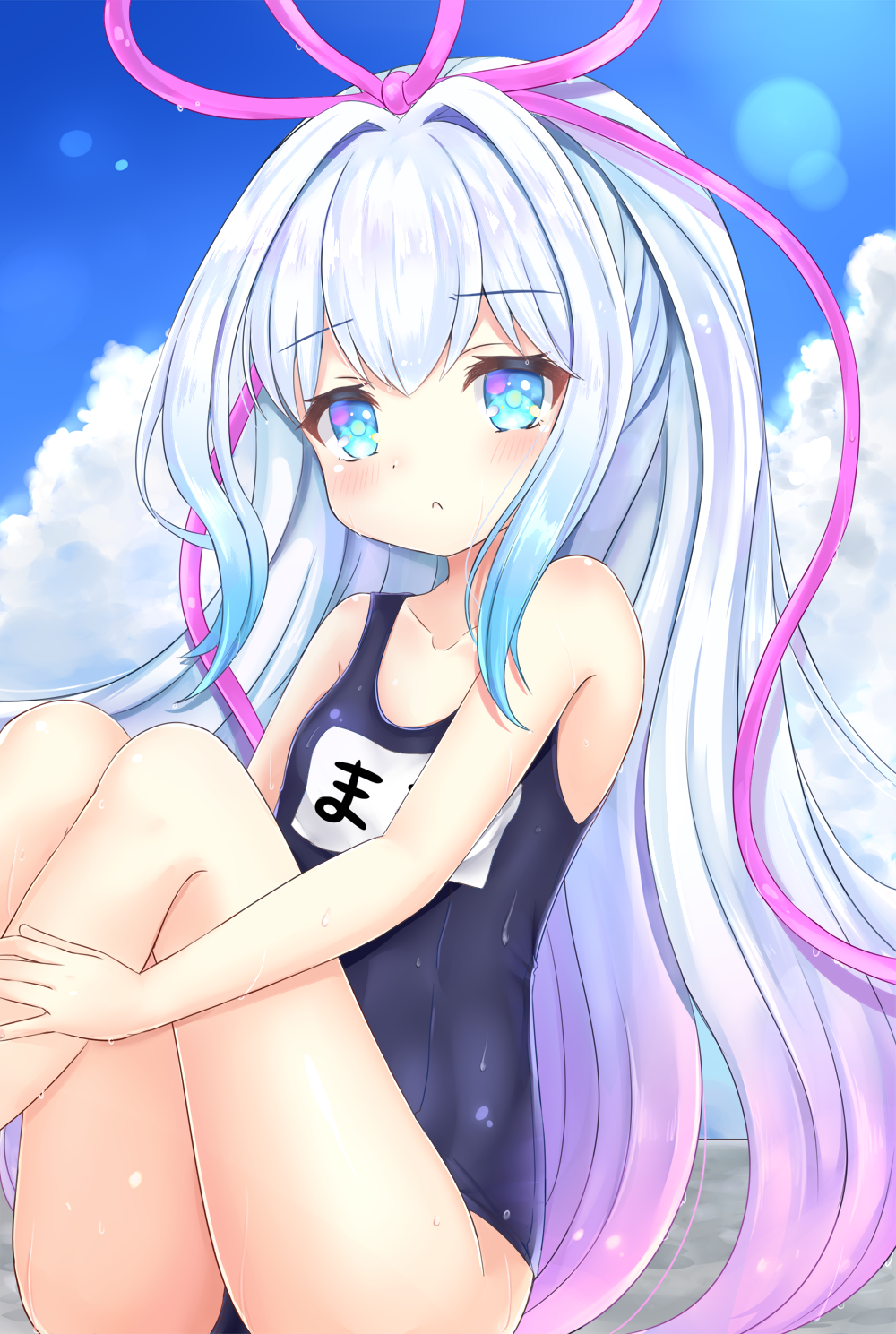 1girl, :c, bangs, bare_arms, bare_shoulders, blue_eyes, blue_sky, blue_swimsuit
