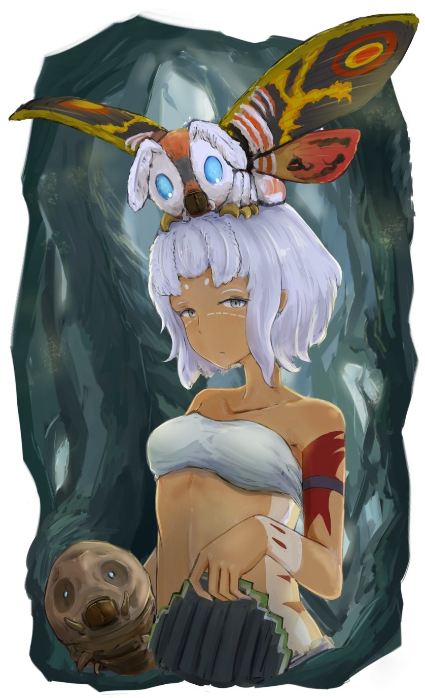 1girl, dark_skin, godzilla:_planet_of_the_monsters, godzilla_(series), green_eyes, miana, mothra, white_hair