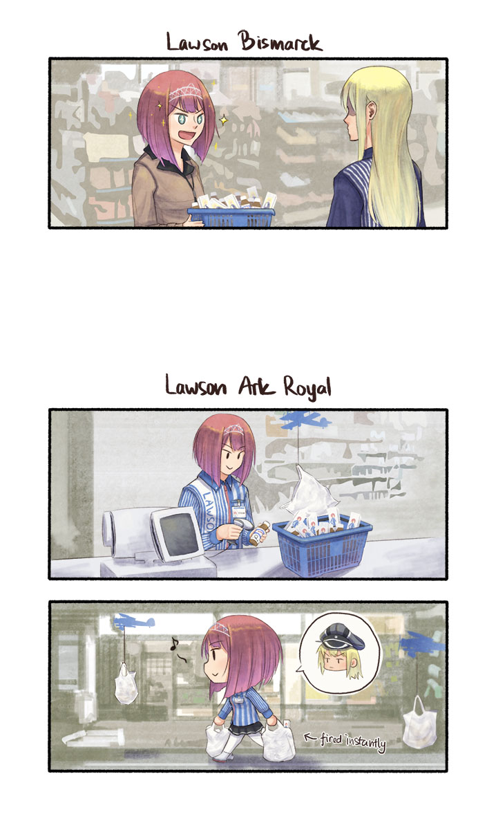 2girls, aircraft, airplane, ark_royal_(kantai_collection), bag, bangs, barcode_scanner, bismarck_(kantai_collection)