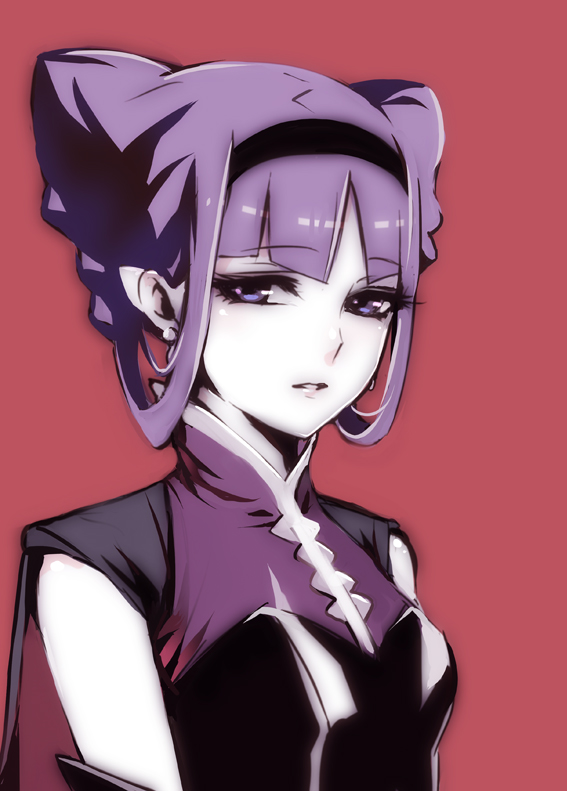 1girl, bangs, earrings, gloves, hair_bun, hairband, hu_(huhuluhu), hugtto!_precure, jewelry, parted_bangs, portrait, precure, purple_hair, red_background, ruru_amour, simple_background, solo, violet_eyes