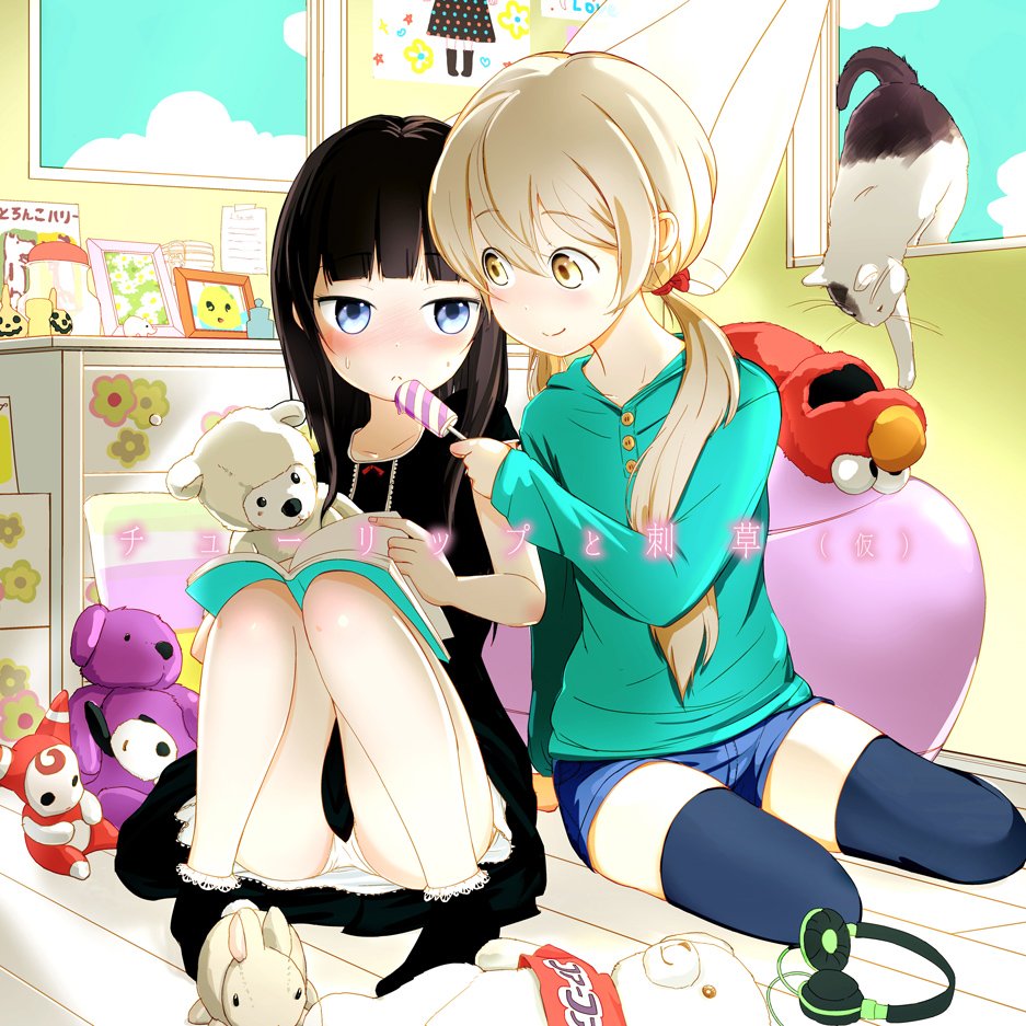 2girls, black_dress, black_footwear, black_hair, black_legwear, blue_eyes, blue_shorts, blush