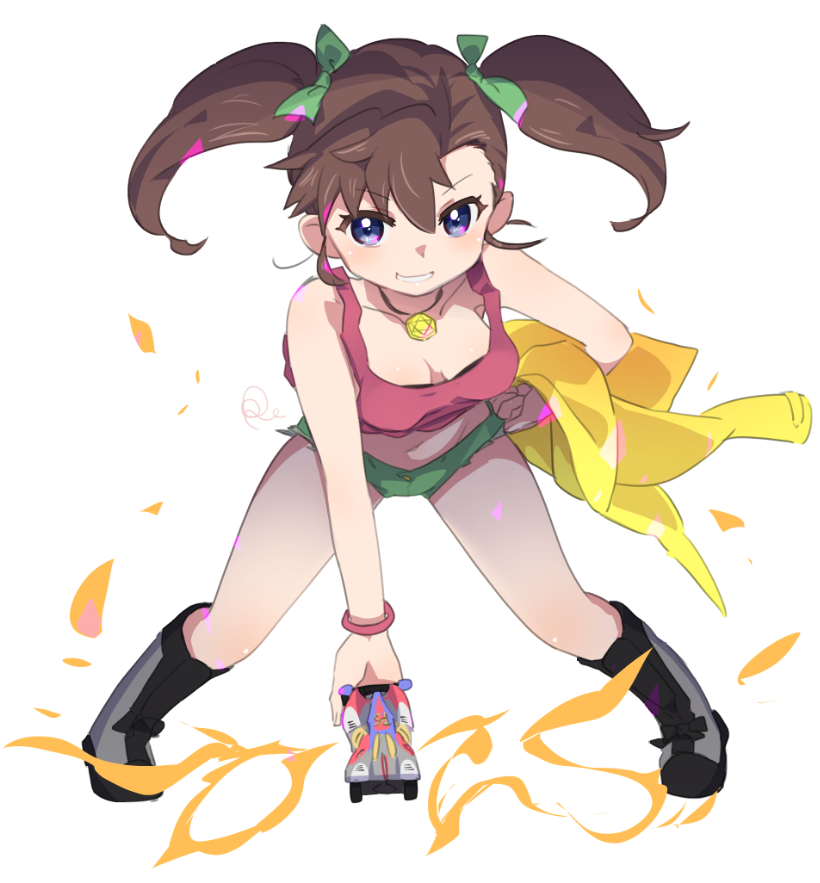 1girl, bakusou_kyoudai_let's_&amp;_go!!, black_footwear, blue_eyes, boots, breasts, brown_hair, cleavage