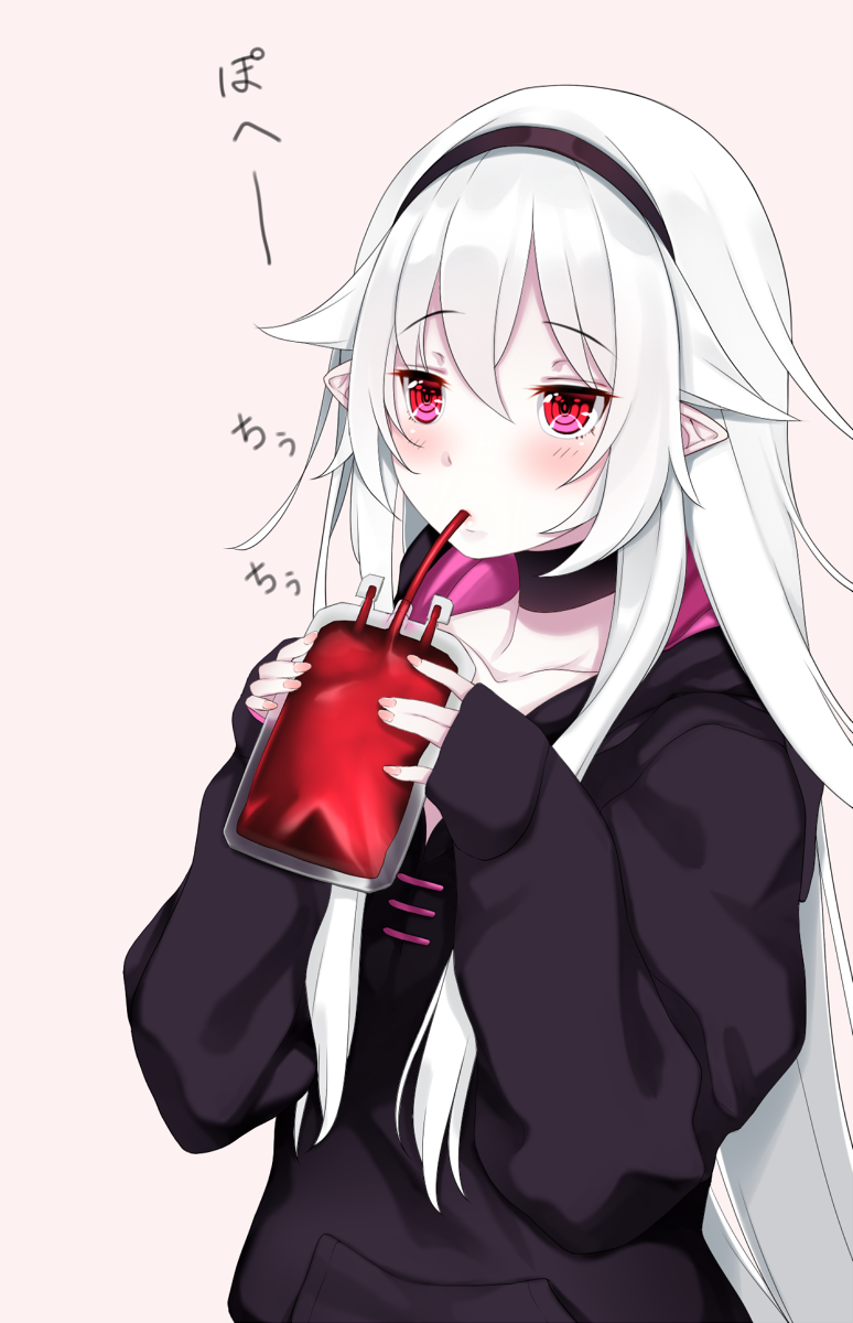 1girl, afilia_(kiyomin), bangs, black_choker, black_hairband, black_hoodie, blood, blood_bag