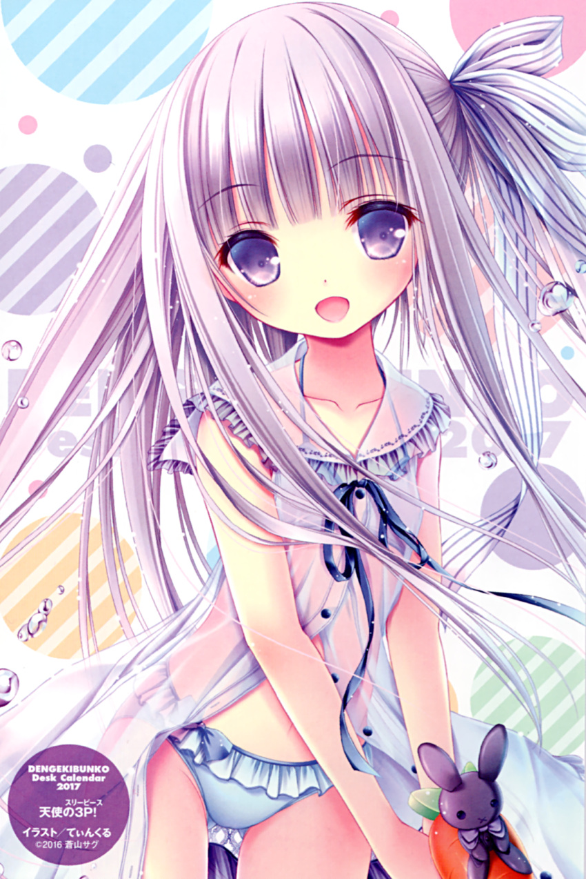 1girl, bikini, bikini_under_clothes, blue_bikini, blue_swimsuit, carrot, dress, gotou_jun, highres, long_hair, navel, official_art, open_clothes, open_dress, open_mouth, purple_hair, ribbon, see-through, side_ponytail, sleeveless, sleeveless_dress, smile, solo, swimsuit, swimsuit_under_clothes, tenshi_no_3p!, tinker_bell, unbuttoned, very_long_hair, violet_eyes, white_dress