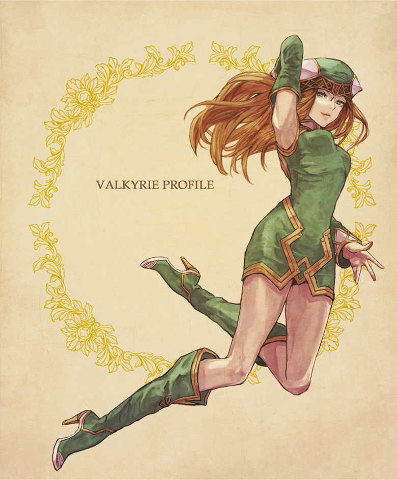 1girl, 86_(pixiv), blonde_hair, blue_eyes, boots, breasts, detached_sleeves, dress, elbow_gloves, freya_(valkyrie_profile), gloves, green_footwear, hat, long_hair, looking_at_viewer, medium_breasts, mochikko_(cocoa0101), simple_background, skirt, solo, valkyrie_profile