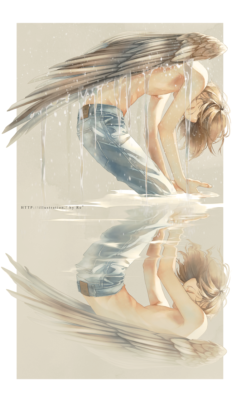 1boy, angel_wings, artist_name, brown_hair, closed_eyes, denim, expressionless, frame