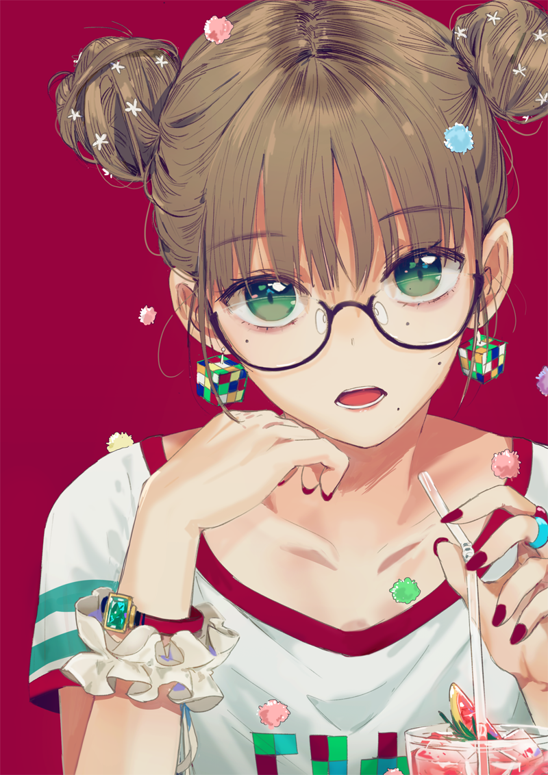 1girl, black-framed_eyewear, brown_hair, candy, collarbone, dangmill, double_bun, earrings