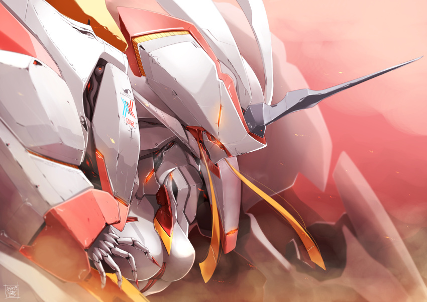 akatsuki_(ownpace), breasts, darling_in_the_franxx, embers, glowing, glowing_eye, highres, horn, large_breasts, mecha, orange_eyes, solo, strelizia