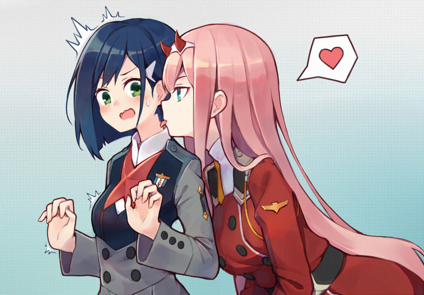 2girls, bangs, belt, blue_eyes, blue_hair, blush, darling_in_the_franxx, dianche_miao_(18826), green_eyes, hair_ornament, hairband, hairclip, heart, highres, horns, ichigo_(darling_in_the_franxx), licking, long_hair, looking_at_another, medal, military, military_uniform, multiple_girls, neck_licking, open_mouth, pink_hair, saliva, saliva_trail, short_hair, spoken_heart, startled, sweatdrop, tongue, tongue_out, uniform, very_long_hair, wavy_mouth, yuri, zero_two_(darling_in_the_franxx)