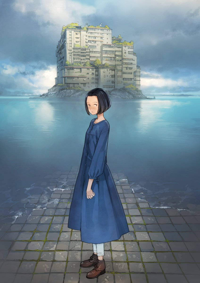 1girl, bangs, black_hair, blue_dress, boots, building, clouds, cloudy_sky