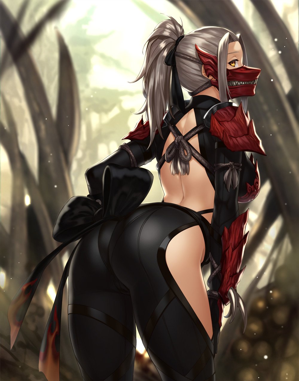 1girl, ass, back, back_cutout, breasts, grey_hair, hand_on_hip, highres, houtengeki, knot, large_breasts, long_hair, looking_at_viewer, looking_back, mask, monster_hunter, monster_hunter:_world, odogaron_(armor), outdoors, pauldrons, ponytail, solo, standing, yellow_eyes
