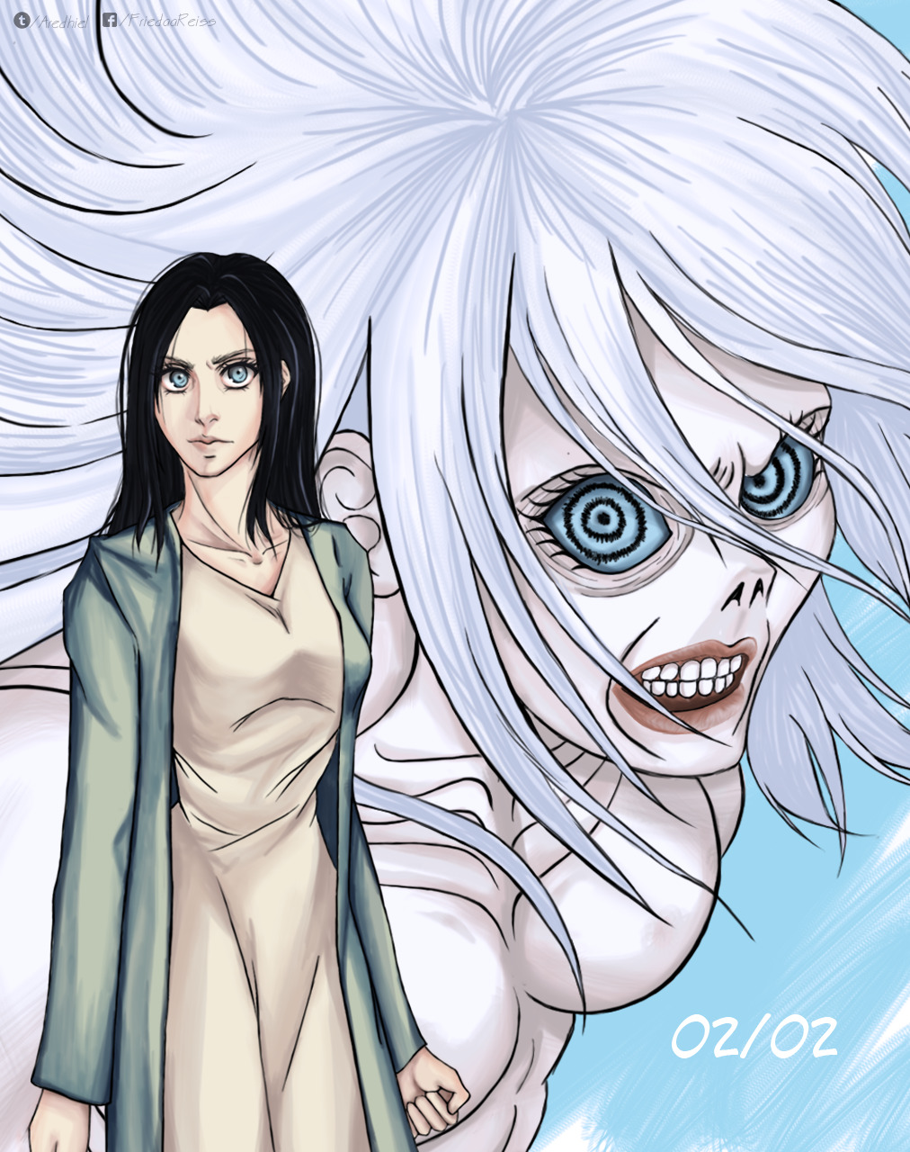 2girls, black_hair, blue_eyes, floating_hair, frieda_reiss, highres, light_smile, looking_at_viewer, multiple_girls, open_eyes, shingeki_no_kyojin, simple_background, smile, titan_(shingeki_no_kyojin), white_hair