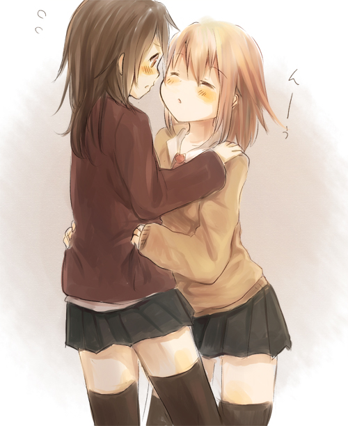 2girls, bangs, black_legwear, black_skirt, blush, brown_eyes, brown_hair, cardigan