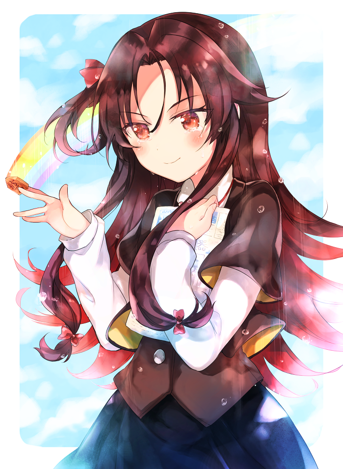 1girl, bangs, between_fingers, black_skirt, blue_sky, blush, board_game, bow, brown_eyes, brown_hair, brown_jacket, brown_vest, closed_mouth, clouds, cloudy_sky, commentary_request, crying, crying_with_eyes_open, eyebrows_visible_through_hair, gradient_hair, hair_between_eyes, hair_bow, hair_ribbon, holding, jacket, long_hair, long_sleeves, looking_away, multicolored_hair, rain, rainbow, red_bow, red_ribbon, redhead, ribbon, ryuuou_no_oshigoto!, sanomi_yaha, shirt, short_over_long_sleeves, short_sleeves, shougi, skirt, sky, smile, solo, tears, very_long_hair, vest, wet, wet_hair, white_shirt, yashajin_ai
