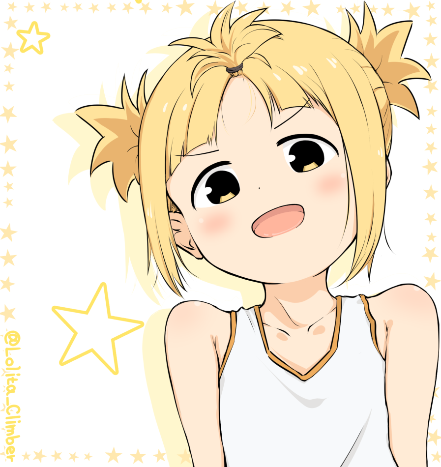 >:d, 1girl, bangs_pinned_back, bare_shoulders, blonde_hair, collarbone, commentary_request, cosplay