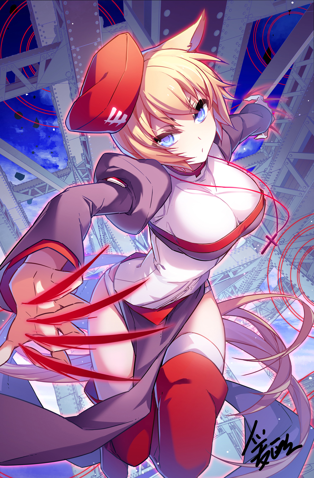 1girl, animal_ears, blonde_hair, bloodline, blue_eyes, blue_sky, breasts, clouds