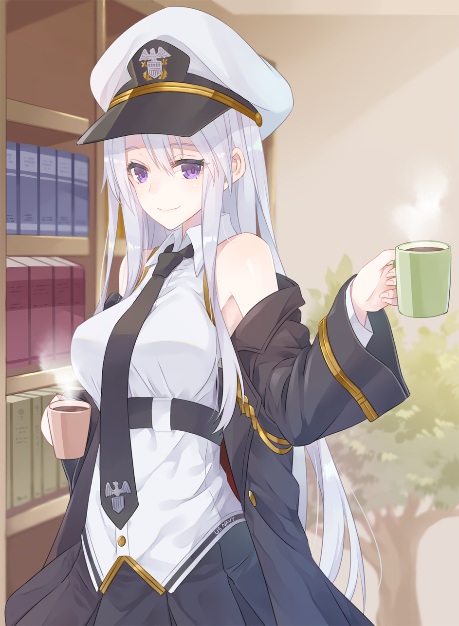 1girl, azur_lane, blurry, bookshelf, coat, coffee, coffee_mug, depth_of_field