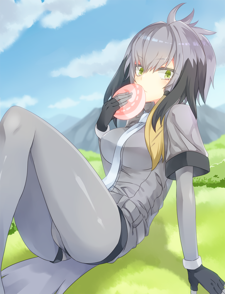 1girl, blue_sky, blurry, clouds, cloudy_sky, commentary_request, depth_of_field, food