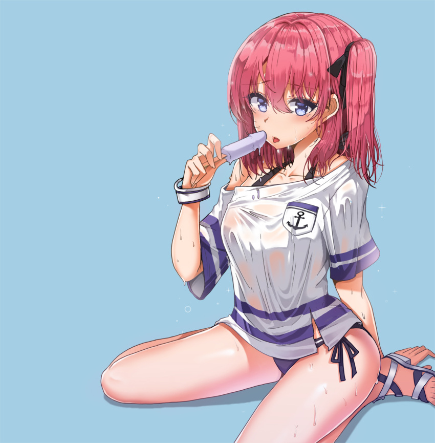 1girl, anchor_print, bangs, bikini, black_ribbon, blue_background, blue_eyes, blush
