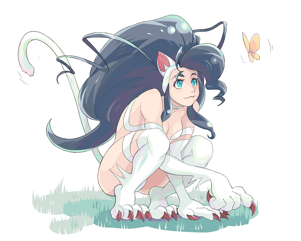 blue_eyes, blue_hair, butterfly, cat_ears, cat_tail, felicia, kintaro, long_hair, tail, thighhighs, vampire_(game)