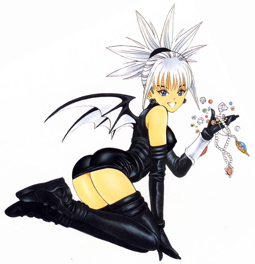 1girl, ass, bat_wings, black_gloves, black_legwear, blue_eyes, diamond, earrings
