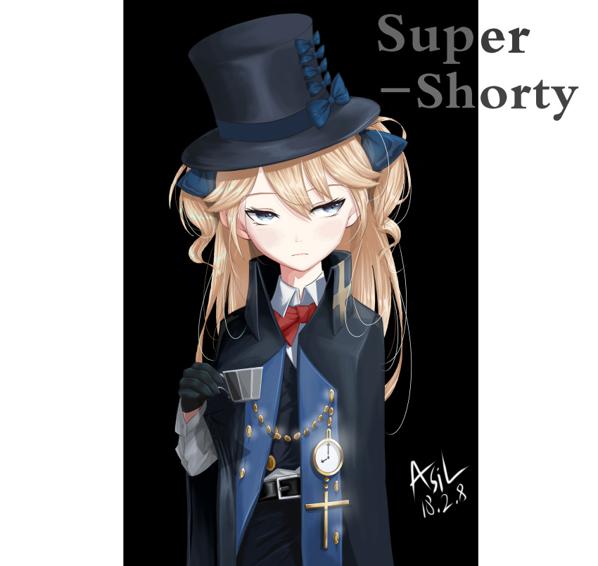 1girl, absurdres, asil, bangs, belt, belt_buckle, black_gloves, black_hat, blonde_hair, blue_bow, blue_eyes, blush, bow, bowtie, buckle, buttons, chains, character_name, closed_mouth, clouds, collared_shirt, cross, crucifix, cup, dated, formal, girls_frontline, gloves, hair_between_eyes, hair_bow, hair_ribbon, hands_together, hat, hat_bow, head_tilt, high_collar, highres, holding, holding_cup, long_hair, long_sleeves, looking_away, open_clothes, pocket_watch, red_bow, ribbon, road, shirt, shorts, sidelocks, sign, signature, simple_background, sleeve_cuffs, solo, street, super_shorty_(girls_frontline), teacup, top_hat, tsurime, two_side_up, watch, white_gloves, white_shirt