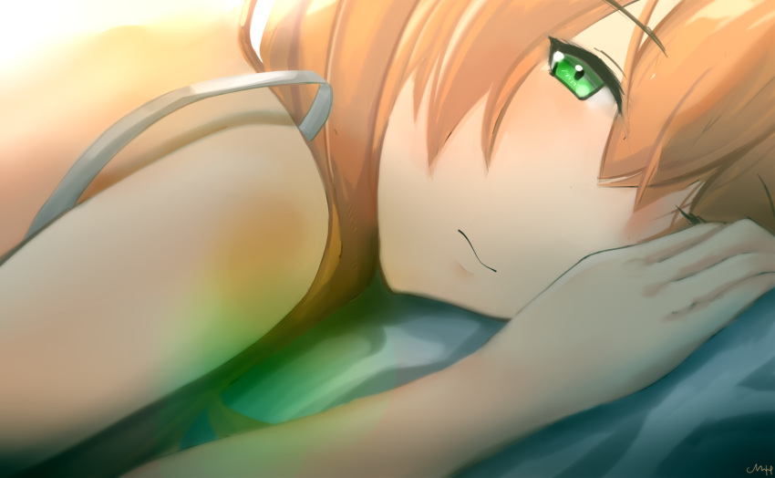 1girl, alternate_costume, alternate_hairstyle, blush, brown_hair, chyt, closed_mouth, crossed_bangs