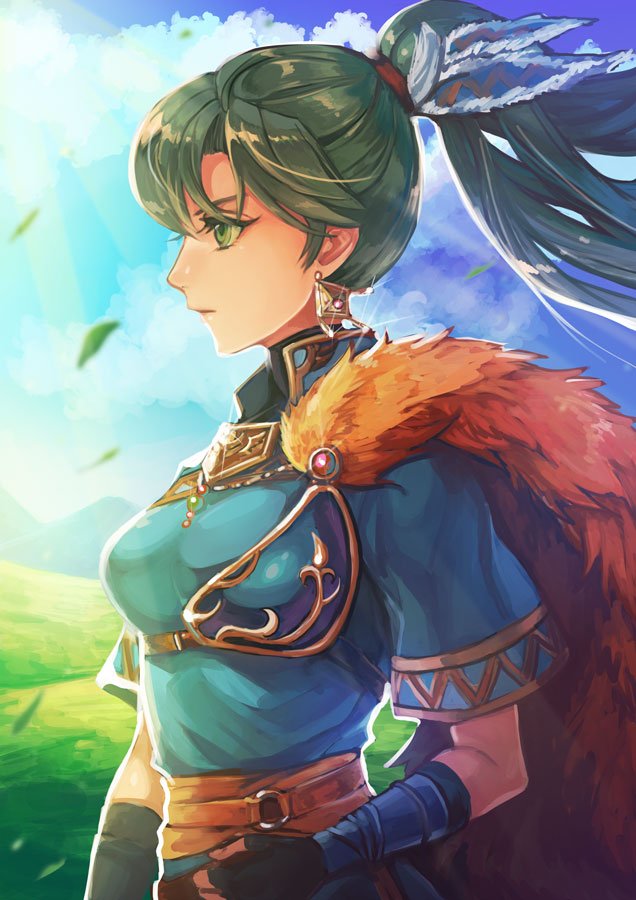 1girl, dress, field, fire_emblem, fire_emblem:_rekka_no_ken, fire_emblem_heroes, fur_trim, green_eyes, green_hair, hector_(fire_emblem), high_ponytail, kokouno_oyazi, long_hair, lyndis_(fire_emblem), ponytail, sky, solo