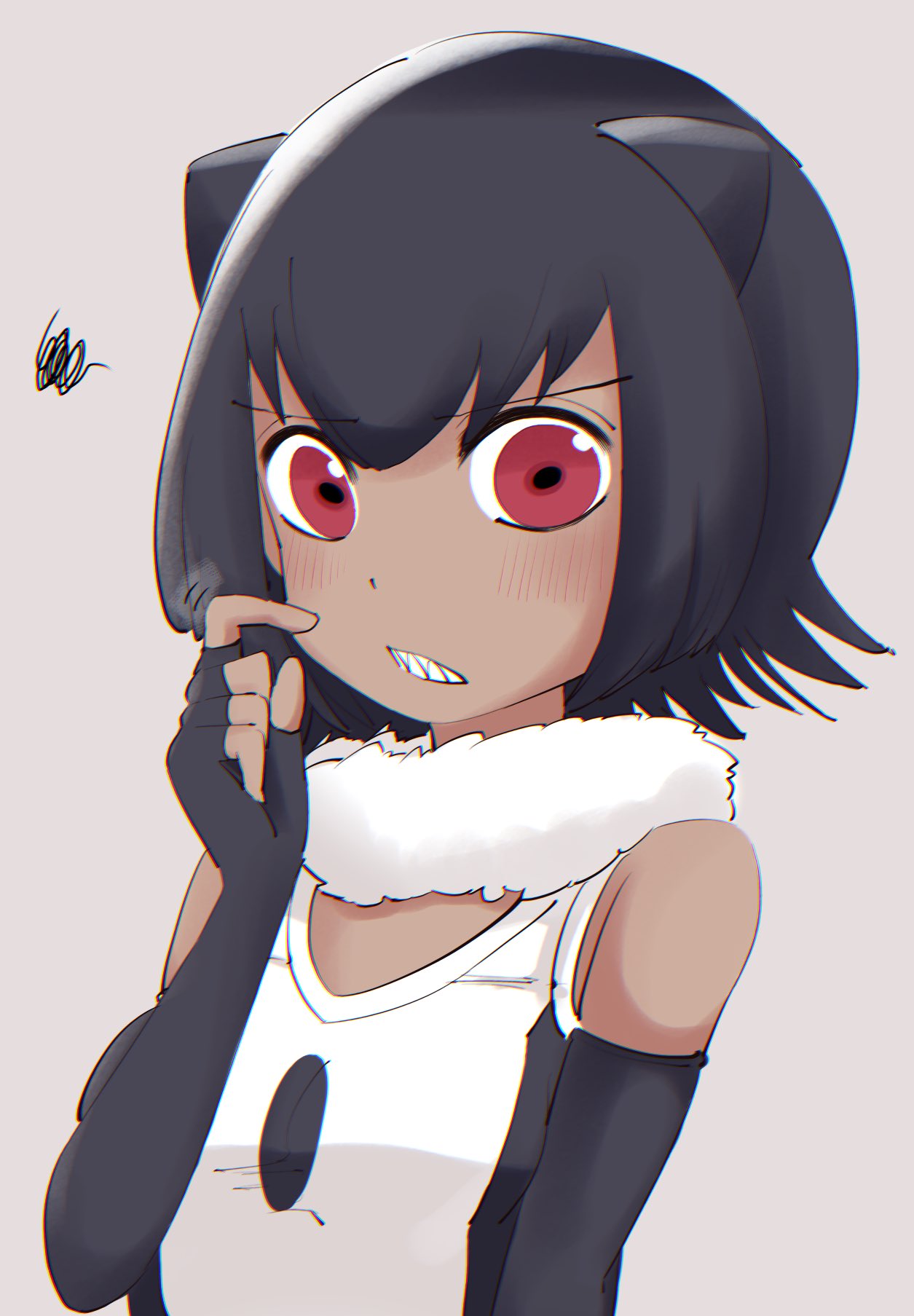 1girl, bare_shoulders, commentary, elbow_gloves, eyebrows_visible_through_hair, fingerless_gloves, fur_collar, giant_otter_(kemono_friends)