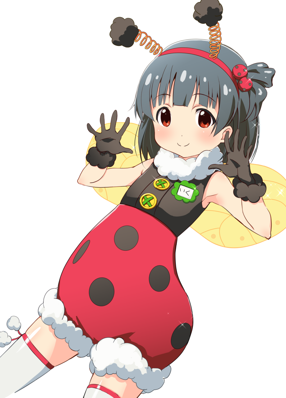 1girl, arms_up, black_gloves, black_hair, bodysuit, brown_eyes, fake_antennae, gloves