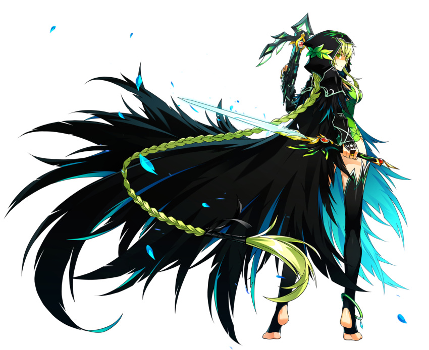 1girl, artist_request, black_cape, black_legwear, bow_(weapon), braid, bridal_gauntlets, cape, crossbow, dress, dual_wielding, elsword, expressionless, full_body, green_dress, green_eyes, green_hair, holding, holding_sword, holding_weapon, hood, long_hair, looking_at_viewer, official_art, rena_(elsword), reverse_grip, solo, standing, sword, thigh-highs, toeless_legwear, twilight_(elsword), weapon, zettai_ryouiki