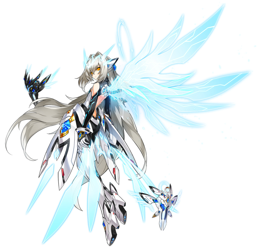 1girl, artist_request, bangs, blue_wings, boots, code:_sariel_(elsword), elbow_gloves, elsword, eve_(elsword), expressionless, full_body, gloves, hair_intakes, long_hair, looking_at_viewer, moby_(elsword), official_art, remy_(elsword), robot, solo, white_footwear, white_hair, wings, yellow_eyes