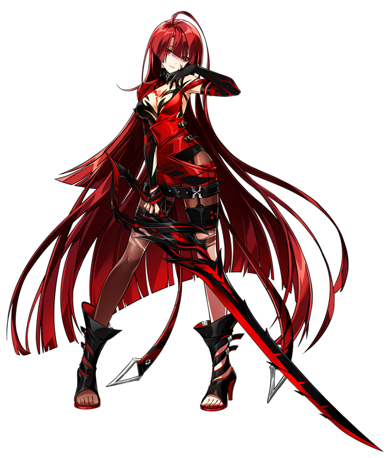 1girl, ahoge, artist_request, asymmetrical_clothes, bangs, black_footwear, black_gloves, bloody_queen_(elsword), blunt_bangs, boots, brown_legwear, closed_mouth, elesis_(elsword), elsword, full_body, gloves, holding, holding_sword, holding_weapon, long_hair, looking_at_viewer, official_art, orange_eyes, pantyhose, redhead, shaded_face, skin_tight, smile, solo, standing, sword, tattoo, toeless_legwear, torn_clothes, torn_pantyhose, weapon