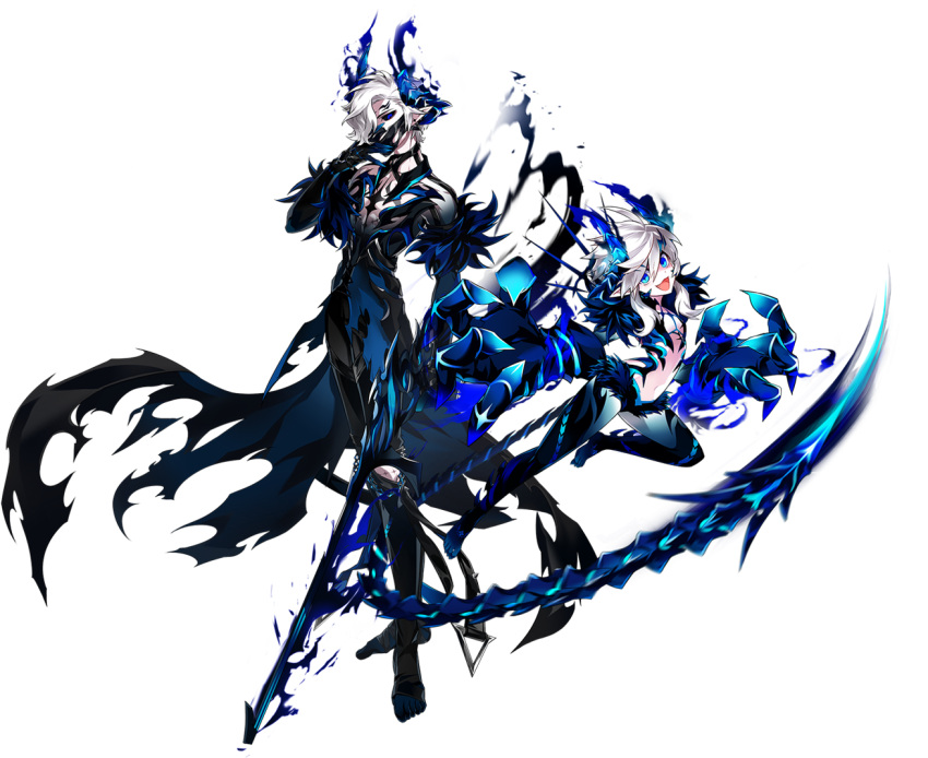 1boy, 1girl, :d, annuller_(elsword), artist_request, black_bodysuit, black_coat, black_gloves, black_sclera, blue_eyes, bodysuit, ciel_(elsword), claws, demon_girl, elsword, flat_chest, full_body, gloves, gun, hair_over_one_eye, holding, holding_gun, holding_weapon, horns, iblis_(elsword), luciela_r._sourcream, mask, navel, official_art, open_mouth, pointy_ears, revealing_clothes, skin_tight, smile, tail, torn_clothes, weapon, white_hair