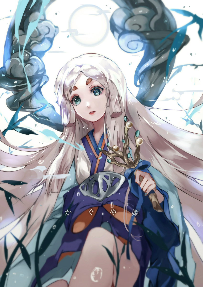 1girl, absurdres, bamboo, blue_eyes, highres, japanese_clothes, kaguya_(onmyoji), kimono