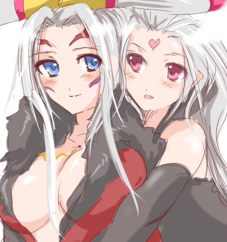 2girls, blue_eyes, breasts, cleavage, cloud_of_darkness, dissidia_final_fantasy, face_paint, facepaint, final_fantasy, final_fantasy_iii, final_fantasy_viii, large_breasts, long_hair, lowres, minnku, multiple_girls, purple_eyes, silver_hair, ultimecia, violet_eyes
