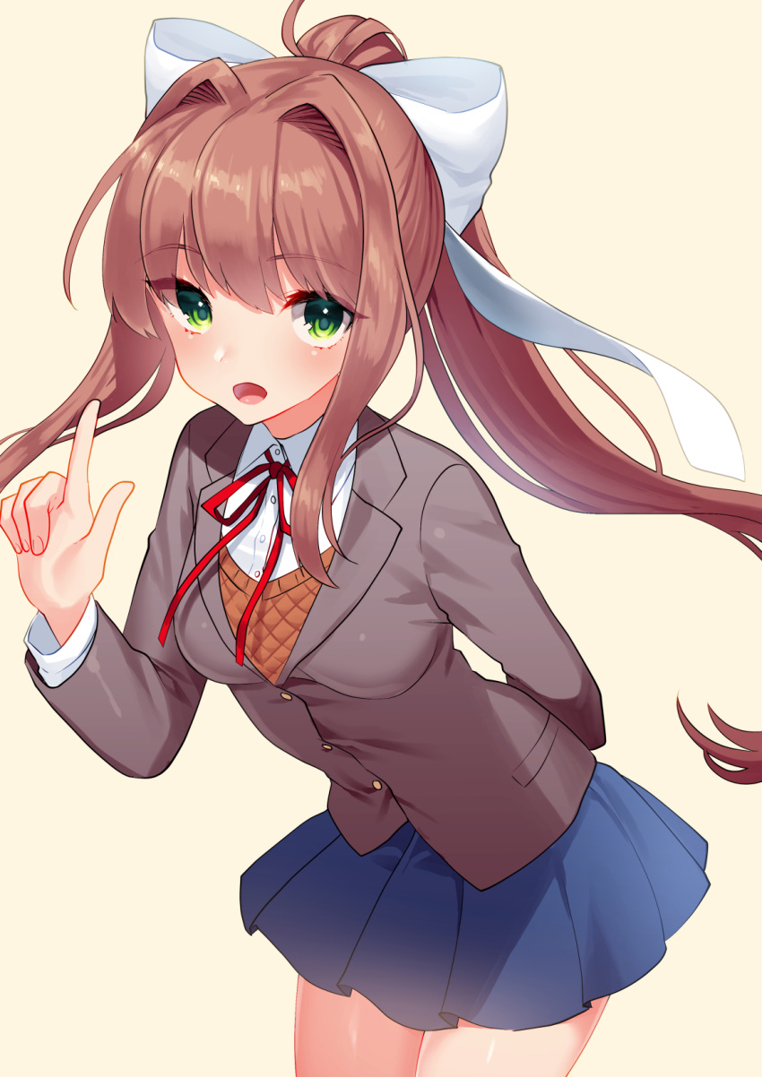 1girl, :d, ahoge, arm_behind_back, bangs, blazer, blue_skirt, blush