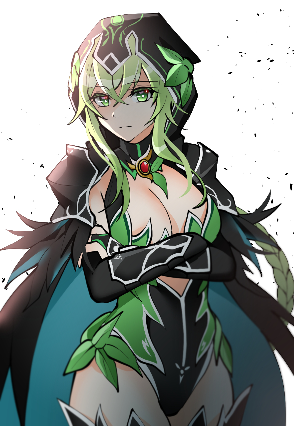 1girl, black_cape, black_gloves, black_leotard, braid, breasts, bright_pupils, cape