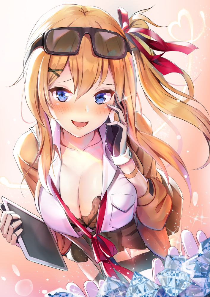 1girl, bangs, black_legwear, black_skirt, blonde_hair, blue_eyes, blush, breasts