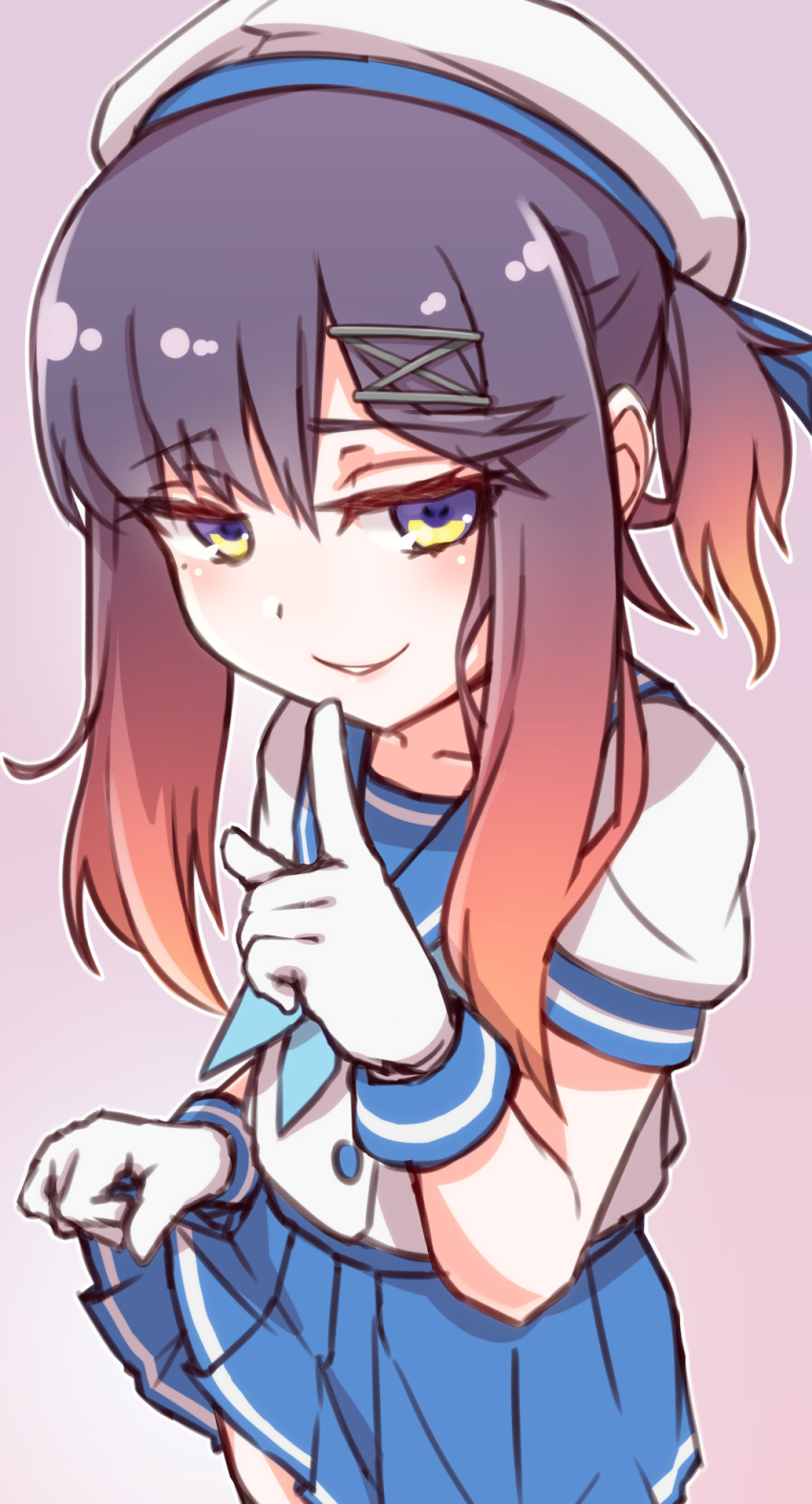 1girl, blue_neckwear, blue_ribbon, blue_skirt, gloves, gradient_hair, hat, highres, index_finger_raised, kantai_collection, lifted_by_self, long_hair, looking_at_viewer, multicolored_hair, namaata, neckerchief, orange_hair, pleated_skirt, puffy_short_sleeves, puffy_sleeves, purple_hair, ribbon, sailor_hat, school_uniform, serafuku, short_hair, short_hair_with_long_locks, short_sleeves, skirt, skirt_lift, solo, tsushima_(kantai_collection), violet_eyes, white_gloves, white_hat