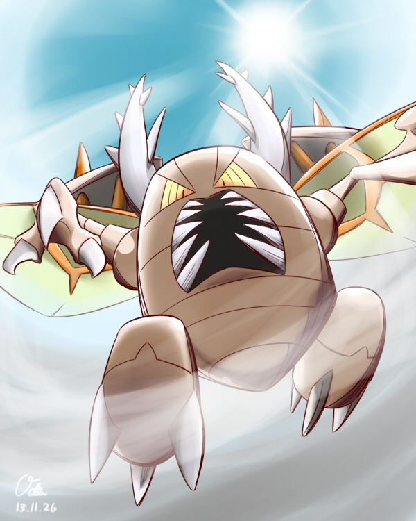 flying, from_below, mandibles, mega_pokemon, no_humans, oden_(madsword), pinsir, pokemon