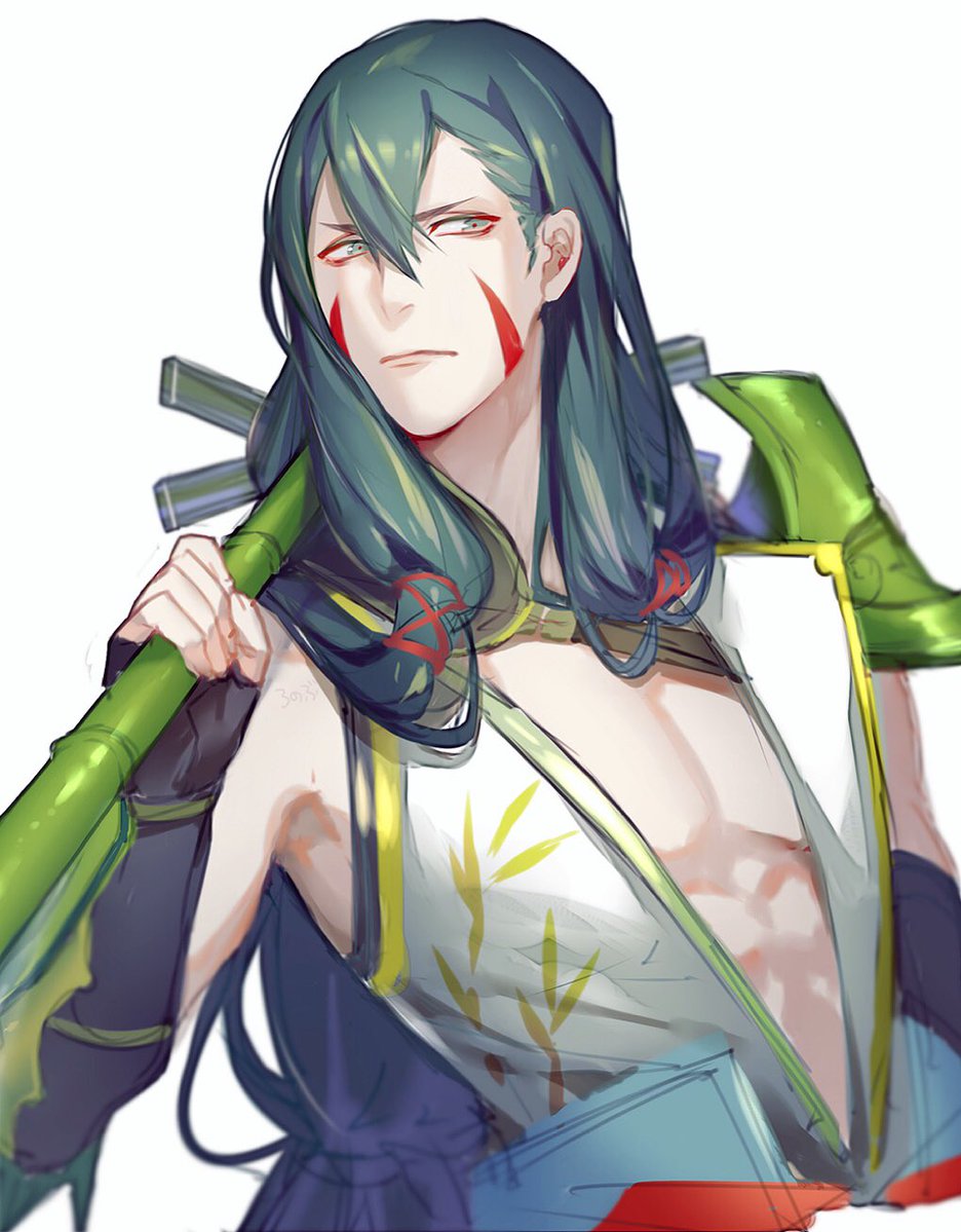 1boy, abs, bamboo, black_hair, facial_tattoo, green_eyes, japanese_clothes, kimono