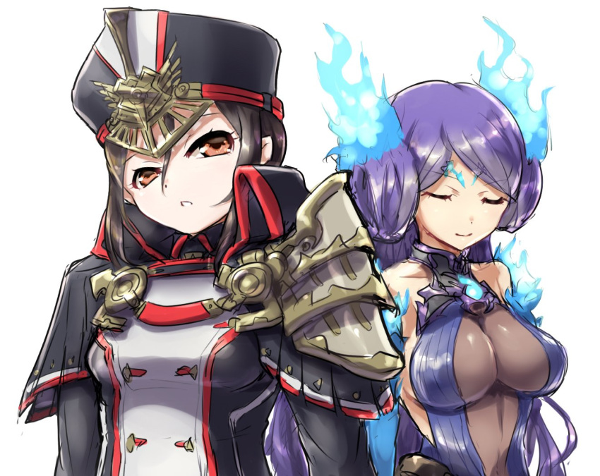 2girls, black_hair, breasts, brown_eyes, closed_eyes, collarbone, fire, gloves