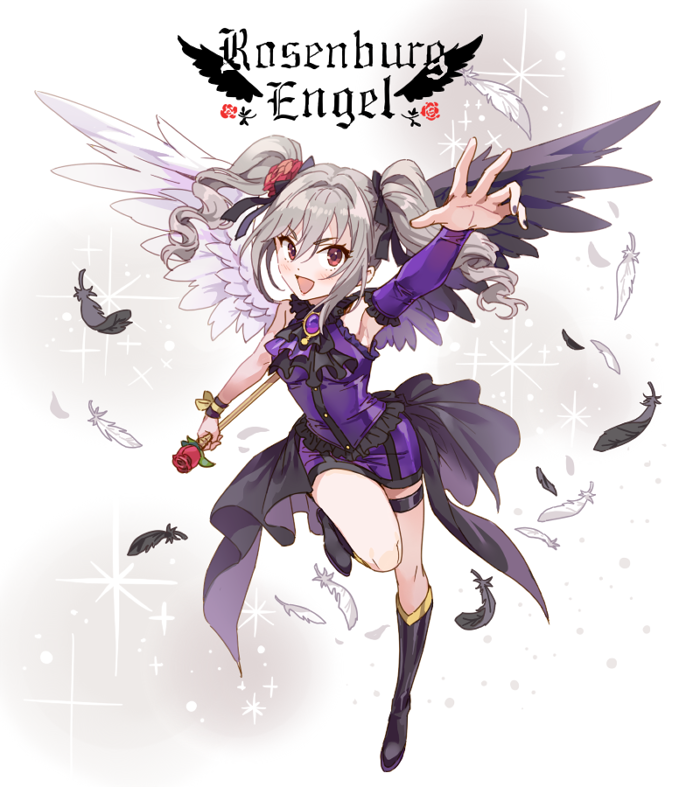 1girl, angel_wings, ascot, asymmetrical_wings, bare_shoulders, black_bow, blush, boots