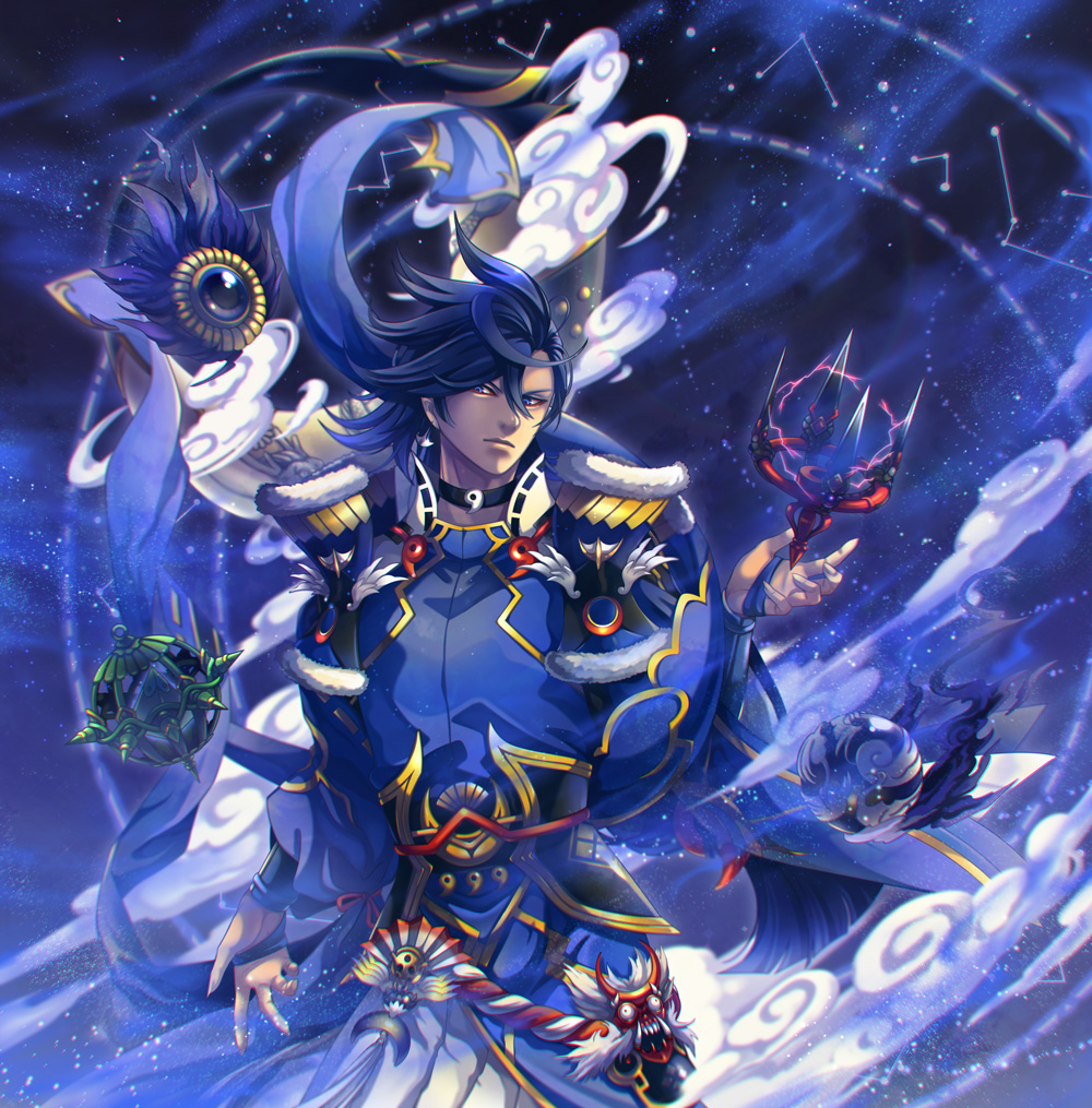 1boy, blue_eyes, blue_hair, constellation, earrings, fur_trim, japanese_clothes, jewelry, long_hair, makeup, male_focus, night, night_sky, oni_mask, onmyoji, orb, peperi, sky, solo, star_(sky), susabi_(onmyoji), upper_body