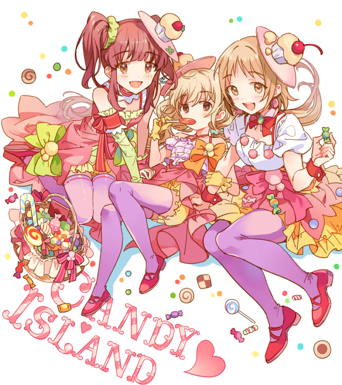 3girls, :d, basket, blonde_hair, blush, bow, brown_eyes, brown_hair