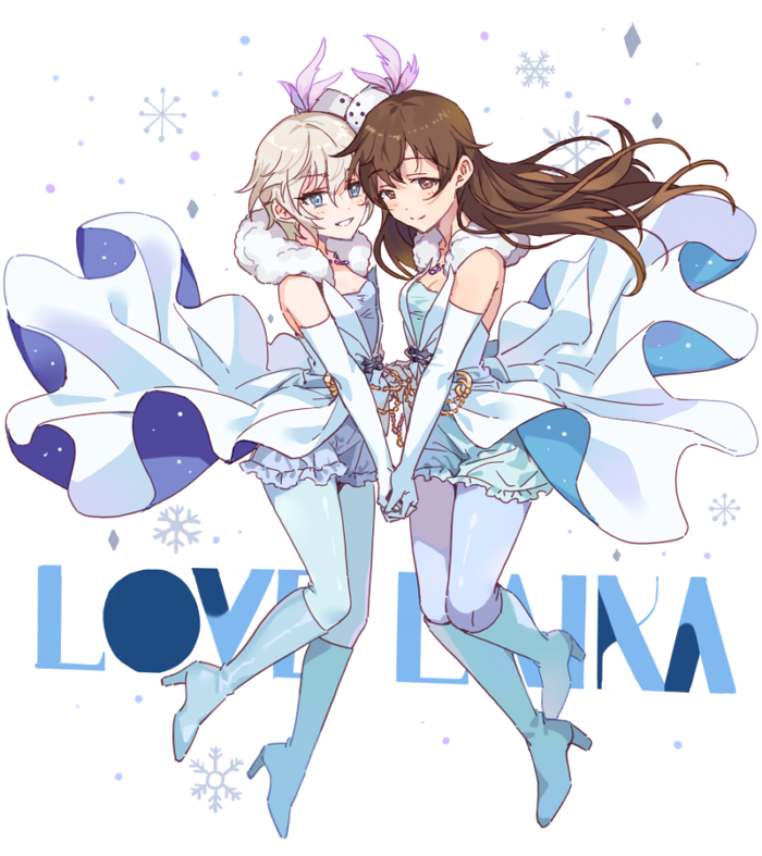 2girls, anastasia_(idolmaster), blue_eyes, boots, brown_eyes, brown_hair, dress, elbow_gloves