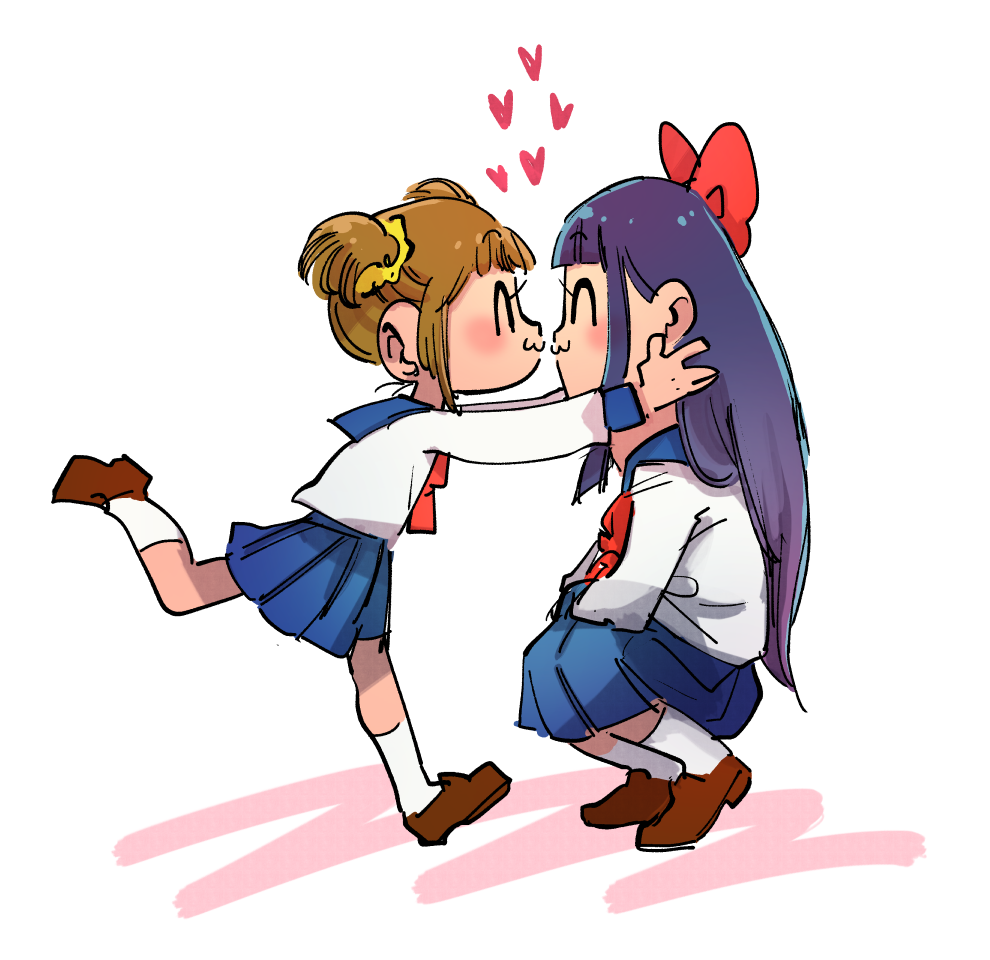 2girls, ^_^, bow, closed_eyes, gyuunyuu_(amaebitmg), hair_bow, heart, long_hair, multiple_girls, neckerchief, pipimi, poptepipic, popuko, red_bow, running, school_uniform, serafuku, short_twintails, shorts, simple_background, smile, squatting, twintails, white_background